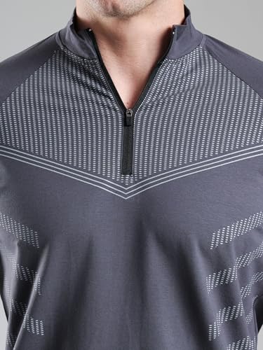 Image of GROW Stylish Aeroflex Zip T Shirt for Men Workout | Cotton and Spandex Quarter Zip Back Printed Collar T-Shirts for Men Half Sleeves