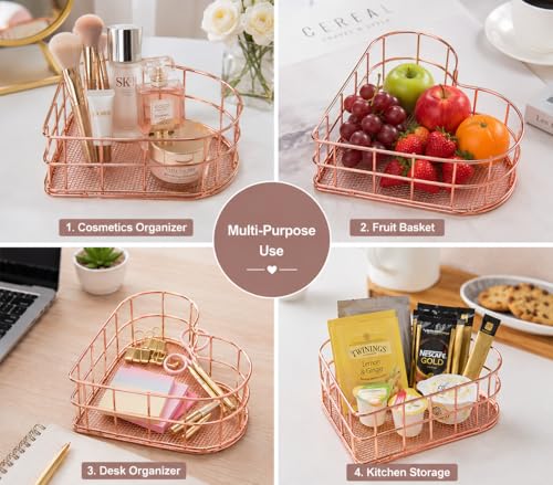 Image of Mini Heart Shape Metal Basket for Fruits, Cosmetics, Snacks & Desk Organizer | Rose Gold Wire Storage Basket for Kitchen, Dining Table, Vanity & Office