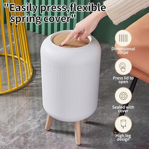 Image of JD FRESH Premium White Dustbin with Press flip Lid Design /Modern Plastic Round Trash Bin with Wooden Finish Legs /Anti Odour Dustbin for Home Decor, Kitchen Office &Hotels (10 Garbage bags, 10 liters)