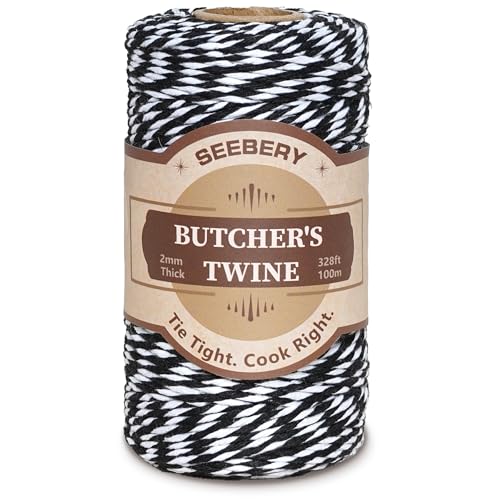 Black and White Butchers Twine – 328Ft 2mm Food Safe Cotton Cooking Twine String for Trussing Turkey, Roasting, Baking, Tying Meat, Pumpkin Bread, Kitchen Use, Christmas Decorations and Gift Wrapping