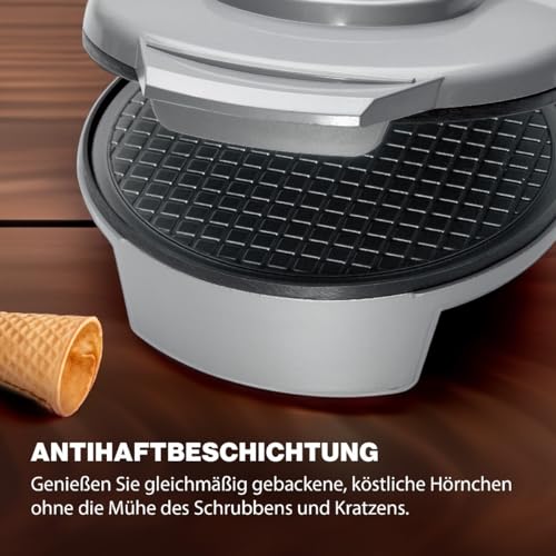 Foto von Clatronic® Hörnchenautomat für hauchdünne Waffeln | ideal für Eis-Waffelhörnchen | Backfläche Ø 18 cm | inklusive Hörnchenkegel | antihaftbeschichtet | regelbarer Bräunungsgrad | 1200 Watt | HA 3494