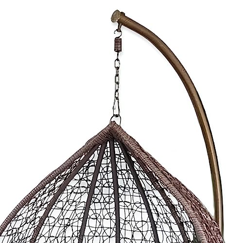 Image of Hindoro Rattan Wicker Wrought Iron Single Seater Swing Chair with Stand & Cushion & Hook Outdoor || Indoor || Balcony || Garden || Patio || Living Outdoor Furniture (Dark Brown with Blue, Egg Shape)