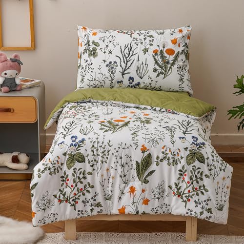 CLOTHKNOW Green White Floral Toddler Bedding Sets for Girls 4Pieces