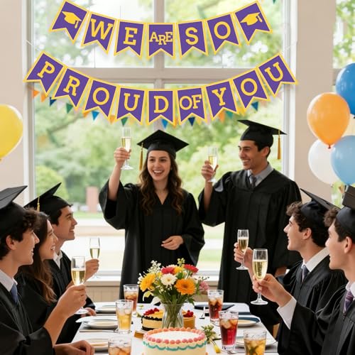 Image of Purple Yellow We Are So Proud Of You Banner Congrats Grad Cap Bunting Flag Grad Party Decoration Idea