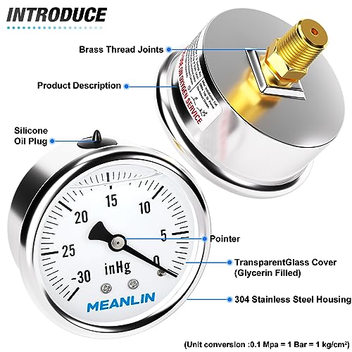 Image of MEANLIN MEASURE -30inHG~0Psi Stainless Steel 1 /4 inch NPT 2.5 inch FACE DIAL,Vacuum Liquid Filled Pressure Gauge,Single Scale, Water Oil Air Back Mount, with 1 /2 inch NPT and 3 /8 inch NPT Hex Bushing