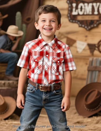 Image of COSLAND Boy's Toddler Cotton Western Short Sleeve Button Down Plaid Shirt, 4-14 Years