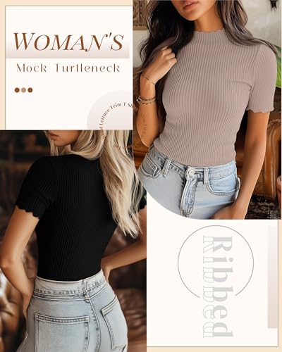 Huukeay 3 Pack Women's Mock Turtleneck Short Sleeve Tops Cotton Ribbed Lettuce Trim T Shirts Slim Fit Casual Base Tee3