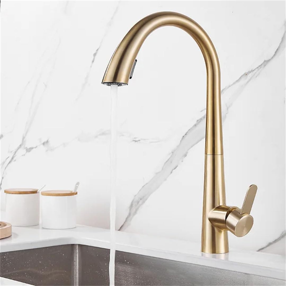 Hgvcfcv Rubinetti da cucina Rubinetti per lavello in oro spazzolato Rubinetto per lavello estraibile a molla miscelatore rubinetto