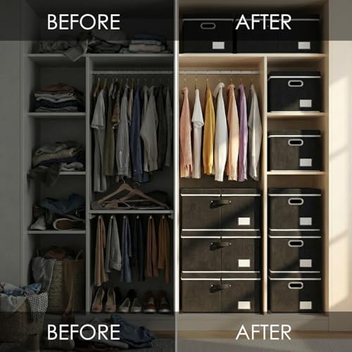 Image of PRANDOM Storage Boxes with Lids [3-Pack] Fabric Collapsible Storage Bins Organizer Containers Baskets Cube with Cover for Home Bedroom Closet Office Nursery Black（23.4X15.9X11.5
