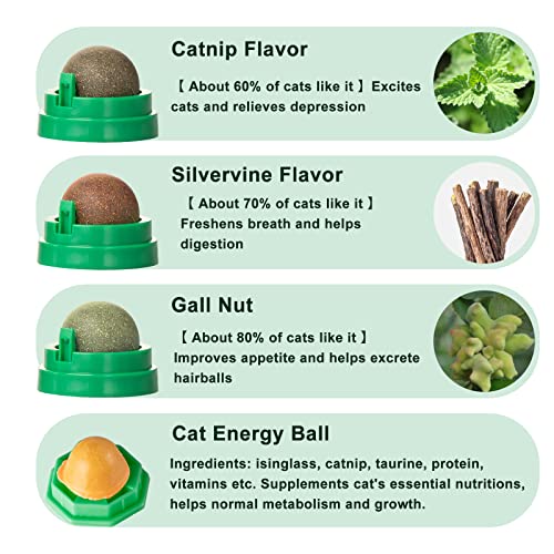 Cat Toys，Catnip Toys Balls 4 Pcs ，Extra Cat Energy Ball, Natural Interactive Toy Edible Kitty Lick Toys For Cats Lick Teeth Cleaning Dental Cat Ball Toy, Catnip Balls For Cats Wall (Green) #TOP4
