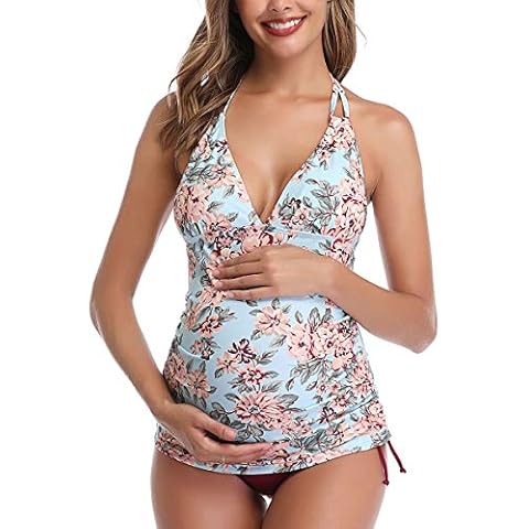 Women Halter Maternity Tankini Swimsuit Floral Pregnancy Plus Size Swimwear, Wine Red, Small Cover