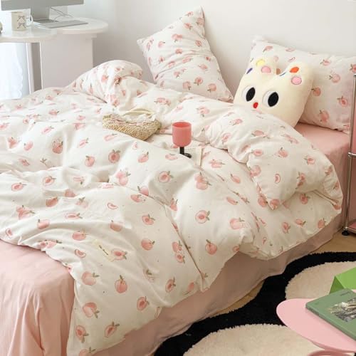 Image of Nayoroom Pink Peach Duvet Cover Full Size Kawaii Fruit Peaches Rabbit Printed on White Comforter Cover 3Pcs Kids Girls Soft Breathable Microfiber Cute Cartoon Bedding Set with Zipper Closure