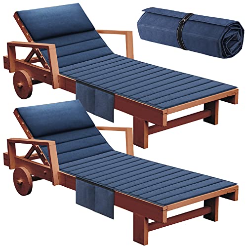Hoolerry 2Pcs Outdoor Lounge Chair Cushions Waterproof Folding Chaise Lounge Cushion for Patio Lawn Pool Beach Chair Pad with Headrest and Pocket 72'' x 21'', No Chair (Dark Blue)
