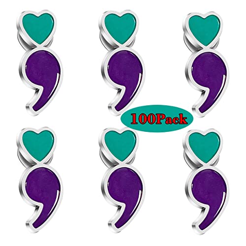 Image of 6 /12 /50 /100 /Pcs Semicolon Mental Health Suicide prevention awareness Lapel pins Bulk Metal Purple & Teal Ribbon pin Souvenir Series Gifts