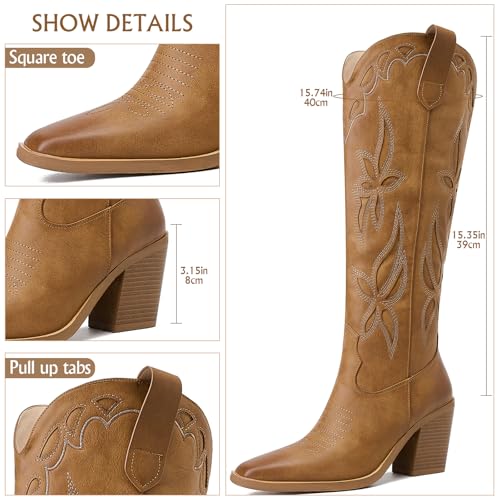 GOSERCE Cowboy Boots for Women - Western Cowgirl Boots Knee High Country Boots Pointed Toe with Embroidery Chunky Stacked Heel2