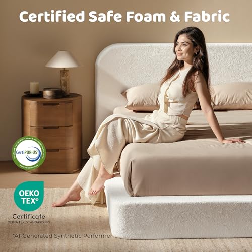 Image of RECCI Airframe Bread Queen Curved Cloud Platform Bed Frame | Fully Cushioned Foam Rectangular Panels and Rounded Headboard, Easy to Assembly, Cream Plush Velvet for Aesthetic Bedrooms