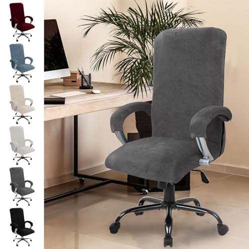 Funda de terciopelo para silla de oficina, con reposabrazos, funda elástica para silla de oficina, respaldo alto, funda para silla de juegos, funda elástica para silla de oficina (gris XL)