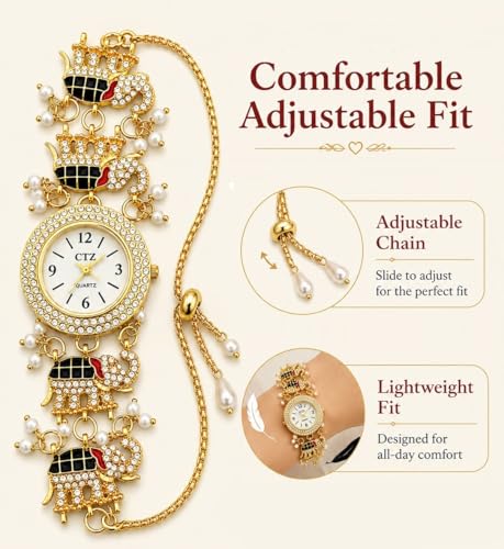 Image of Kashmiri Gold Plated Elephant Charm Bracelet Watch for Women & Girls | Adjustable Chain Analog Jewellery with Crystal & Pearl Studded Ethnic Design for Festive, Wedding, Party & Gift