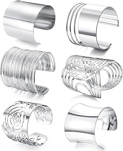 JeweBella 6 Pièces Bracelet Femme Manchette Large Bracelet Bangle Ensemble Ajustable en Alliage Boho Bracelet à Bobine d'or/Argent pour Femmes Bijoux