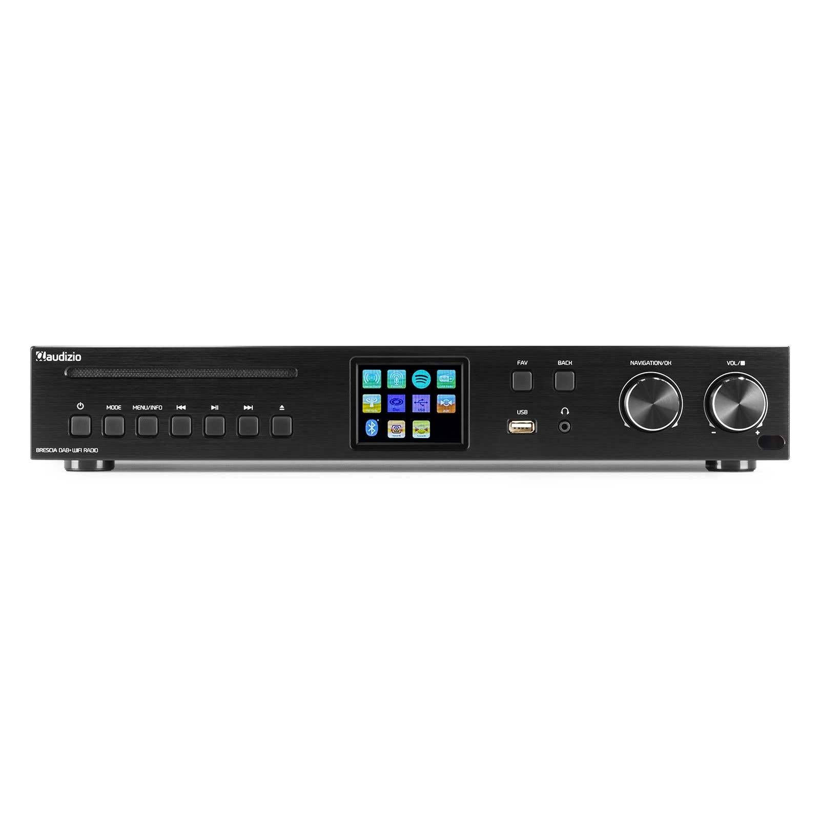 Audizio Brescia Amplificateur Hi-FI avec Radio Internet 120W - Noir, Radio Dab+/FM, Bluetooth 5.0, CD, MP3, USB, Entrée/Sortie RCA, 2 Sorties HP, Idéal pour Écouter Vos Musiques à la Maison