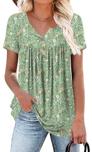 POPYOUNG Womens Tunic Tops Short Sleeve Henley Pleated Blouse Loose Fit Summer Shirts for Leggings XL Green Sparrow Painting