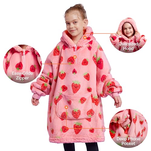 Image of Giggling Getup Wearable Blanket Hoodie for Girls and Boys Warm Cozy Sherpa Fleece Hooded Blanket Sweatshirt Oversized Hoodie with Giant Pocket & Sleeves for Kids Strawberry