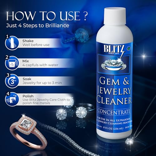 Blitz Gem & Jewelry Cleaner Liquid Concentrate for Gold, Silver, Platinum Jewelry Cleans Non-Porous, Precious & Semi-Precious Stones Non-Toxic, Non-Abrasive, Planet Friendly Made in USA 8oz (2 Pack)4