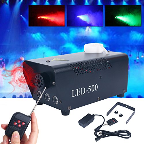 YaeCCC Fog Machine, 500W Fog Machine with Built-In Colored LED Lights, Wireless Remote