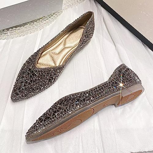 INEELUYI Women's Bling Rhinestone Pointy Toe V Cut Dress Flats Shoes Sexy Slip on Walking Flat Shoes3