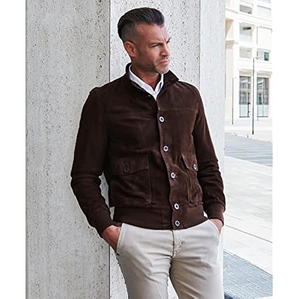 Dark brown suede lamb leather bomber jacket with buttons