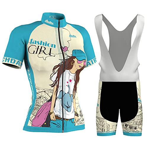 Maillot Cyclisme Femme Vêtements Velo VTT Manche Courte,Tenue Cycliste Été Jerseys Shirt et Cuissard à Bretelle avec 9D Coussin Gel,Ensemble Combinaisons Cycling Route Respirant Séchage Rapide(4,S)