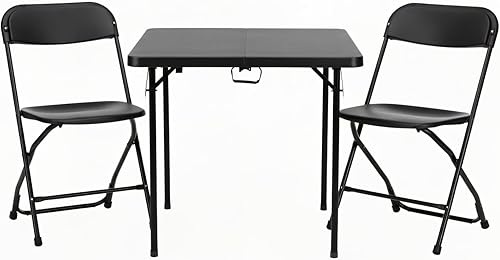 BTEXPERT Juego de mesa plegable de 3 piezas portátil y silla, mesa cuadrada negra biplegable de 34 pulgadas, 2 sillas para adultos para juegos de