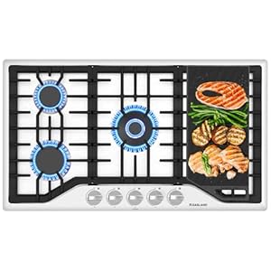 GASLAND 36 Inch Gas Cooktop, PRO GH3365SF 5 Burner Gas Stovetop with Reversible Cast Iron Grill/Griddle, Gas Countertop Plug-in, NG/LPG Convertible Gas Cooktops, Stainless Steel