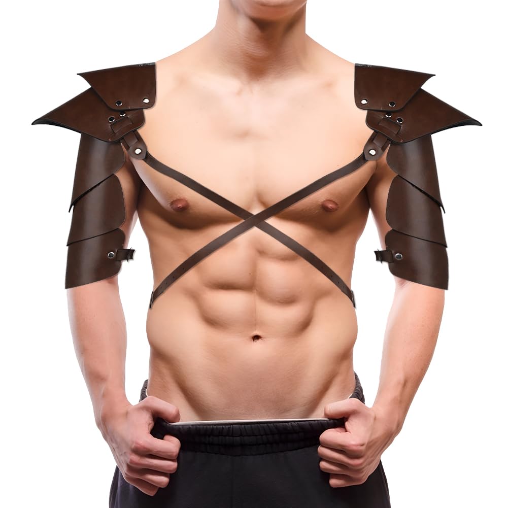 Medieval Knight Shoulder Armor PU Leather Viking Warrior Chest Harness Adjustable Gladiator Shoulder Pauldron Armor Steampunk Arm Guards Halloween Cosplay Party Fancy Dress Costume for Adults - Image 2