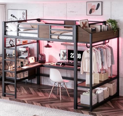 Image of Bellemave Full Size Loft Bed with Desk and USB Ports, Clothes Hanging Rod, LED, Metal Full Loft Bed Frame for Adults, Kids, Teens, Black