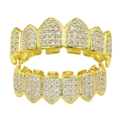 YOSZO Grillz Teeth Men 18K Plated Gold Grills for Your Teeth Jewelry Hip Hop Diamond CZ Top Bottom Grills Mouth Tooth Cap (Gold)
