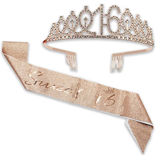 Tiara e banda para meninas, coroa de diamantes de imitação de aniversário de 16 anos e banda de cetim decorativa, doces presentes de aniversário de 16 anos para meninas, suprimentos de lembrança de