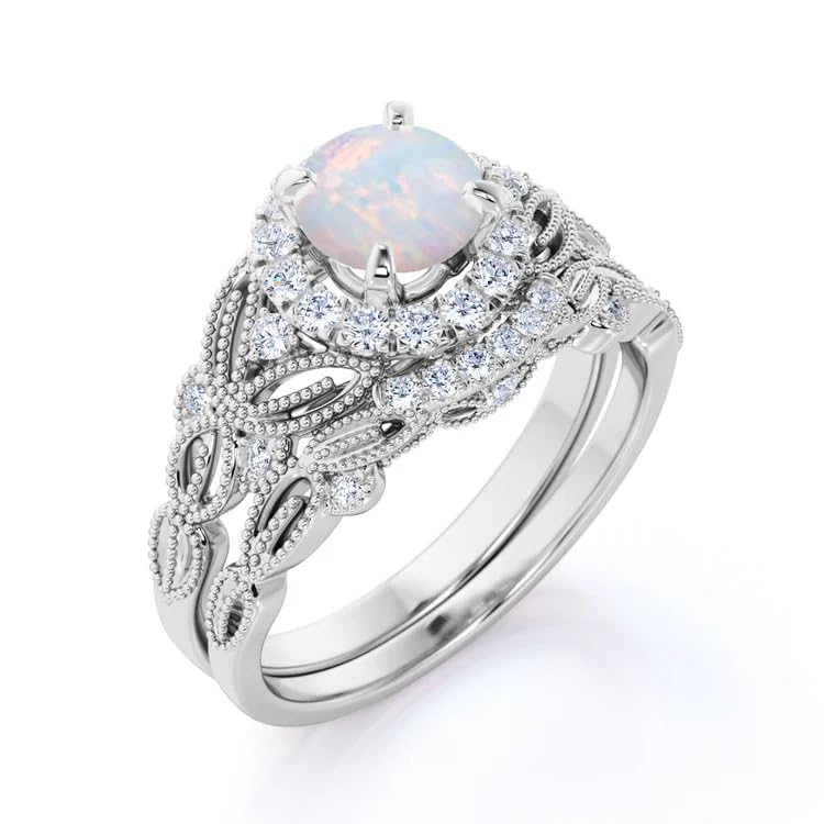 Vintage Art Deco 1.25 Carat Fire Opal Round Cut Engagement Ring Set ,18K Rose Gold Opal Ring , Rose Flower Wedding & Anniversary Ring Promise Ring For Women & Ladies Partywear Gemstone Ring Gift For Her {BL-OPL-122}3