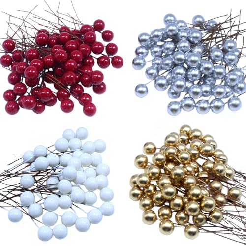 DoubleWood Artificial Holly Berries with Wire Stems 400Pcs Red Mini Berry Picks 10mm Fake Berries for Crafts Artificial Berries for Christmas Tree Wreath Decor (400 Red Gold Silver White)
