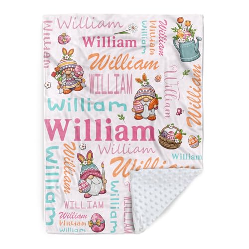 Duckbe Personalized Name Blanket - Custom Happy Easter Gifts with Rabbit Bunny Eggs Carrot Leprechaun Design - Soft Flannel Bed Throw Blanket with Double Layer Dotted Backing Color10