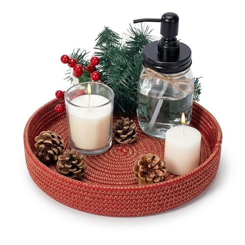 Image of BOBBINY Decorative Round Rope Tray for Decor - Rope Tray for Kitchen Dining Room Table - The Perfect Small Candle Serving Tray for Coffee Table and Home Decor (Red-GT, 10x10 Inch (Pack of 1))