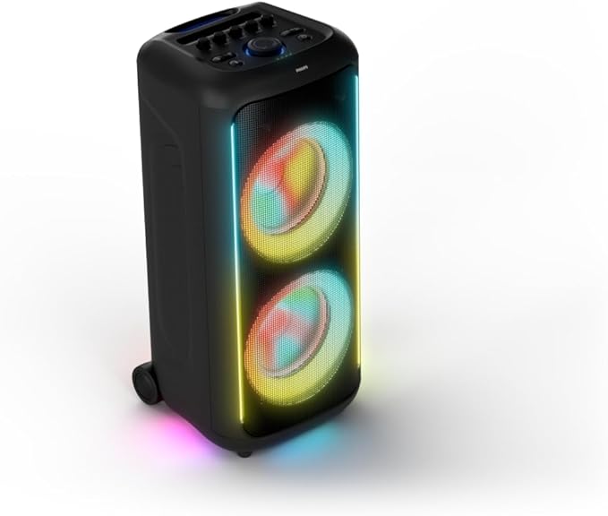 Philips TAX5000E Enceinte Bluetooth pour Les fêtes, 200W Max., Bass+, Jeu de lumières, autonomie de 14h, TWS et Auracast, entrées Micro/Guitare, Indice IPX4 et contrôle à partir de l’Application