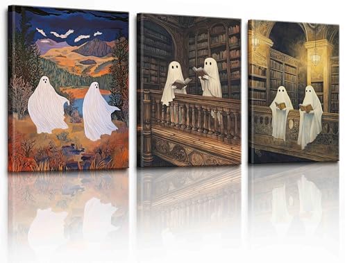 XOIHUR 3Piece Funny Ghost Retro Halloween Cute Ghost Library Reading Posters Wall Art Forest Dark...