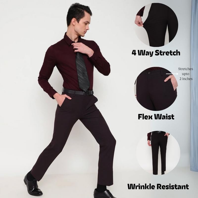 Image of SUBTRACT Slim-Fit Stretchable Lycra Formal Pants for Men with Flexible Waistband | Stylish Men's Wear Trousers for Office or Party |Dress Trouser Pant