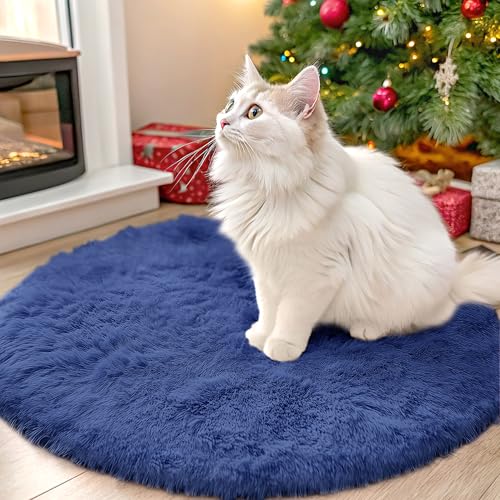 OLANLY Navy Blue Round Rugs for Bedroom - Machine Washable, 2 ft Circle Area Rugs for Living Room, Soft and Fluffy Shaggy Carpet for Teen Girls and Boys, Nursery Rooms, Dorms, Home Decor Aesthetic