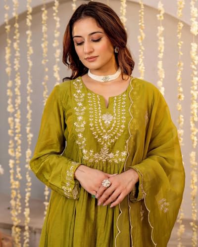 Image of Nermosa Women Embroidery Solid A-Line Kurta and Pant Set with Dupatta