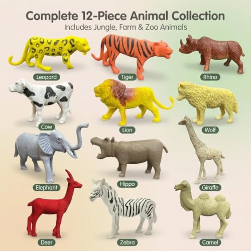 Image of ZESTHOME Animal Figurines for Kids - Wild Jungle & Safari Zoo Animal Toys | Cow, Camel, Deer, Rhino, Hippo, Lion, Tiger, Elephant | Educational Pretend Play Toys for Boys & Girls 2+ Years | 12 pcs