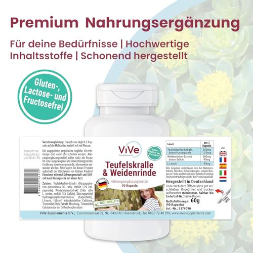 Teufelskralle & Weidenrinde - 90 Kapseln - schluckfreundlich - standardisierte Extrakte mit Harpagosiden und Salicin - hochdosiert und vegan | Qualität aus Deutschland von ViVe Supplements