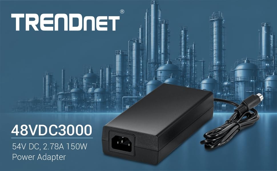 Image of TRENDnet 54V DC, 2.78A 150W Power Adapter, 48VDC3000, Includes 1.8m / 5.9 ft. Power Cord, Compatible with Select TRENDnet Industrial Switches, NDAA & TAA Compliant