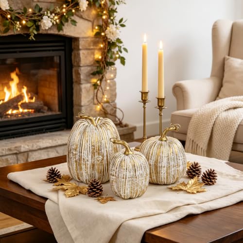 Image of winemana Gold Pumpkins Fall Decor Large Artificial Foam Pumpkin, 3 Pack